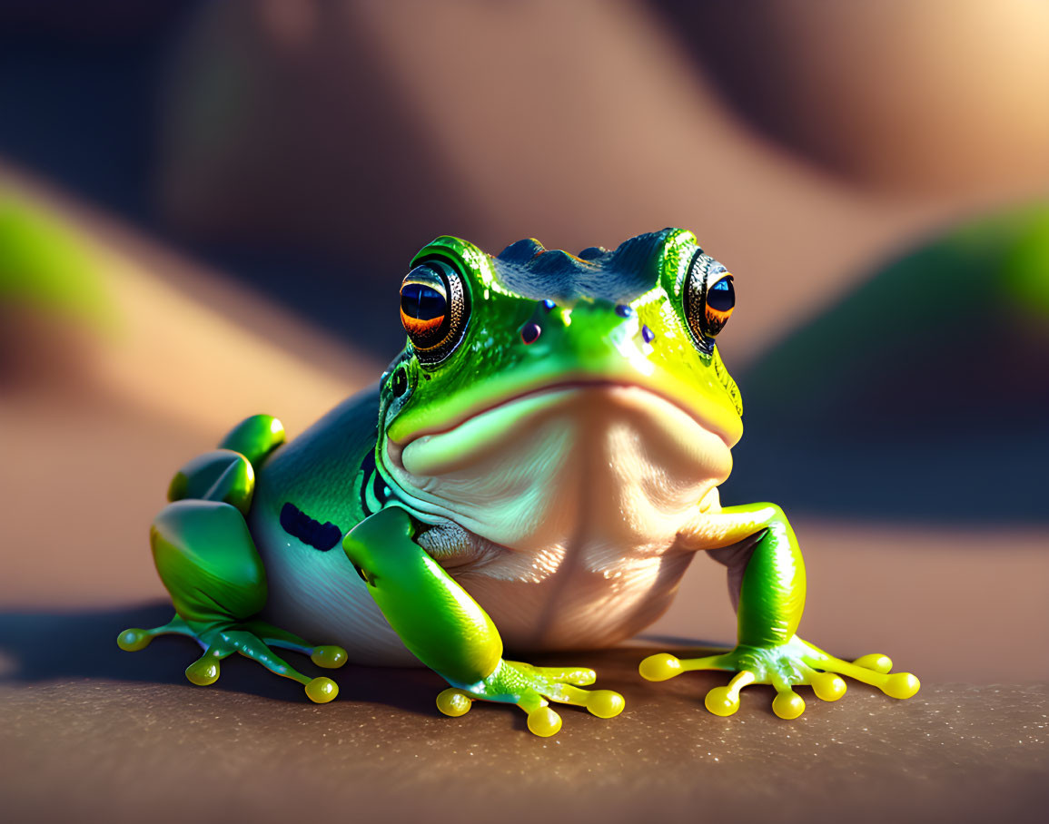 Colorful 3D Illustration of Green Frog with Big Eyes