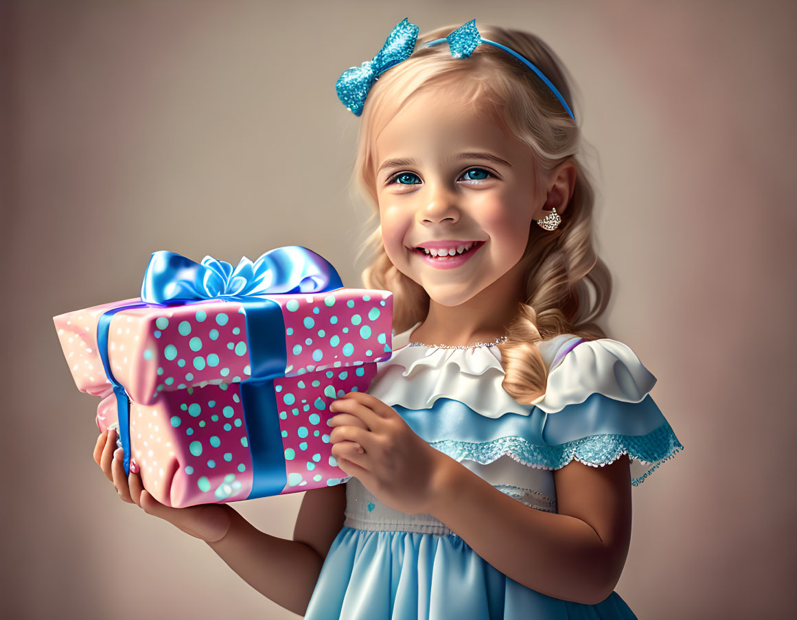 Blonde girl in blue dress holding wrapped gift with blue ribbon