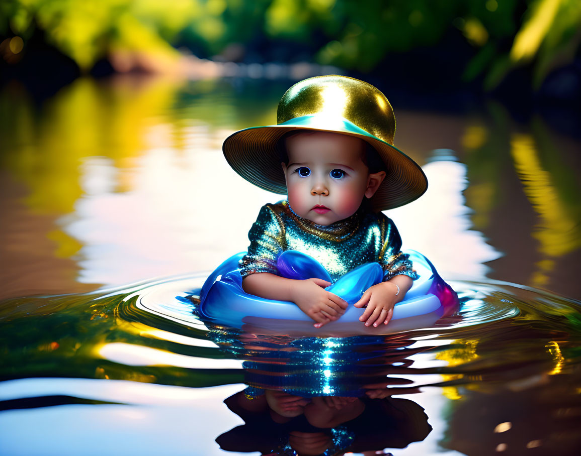 Toddler in Blue Outfit and Gold Hat on Tranquil Water with Trees