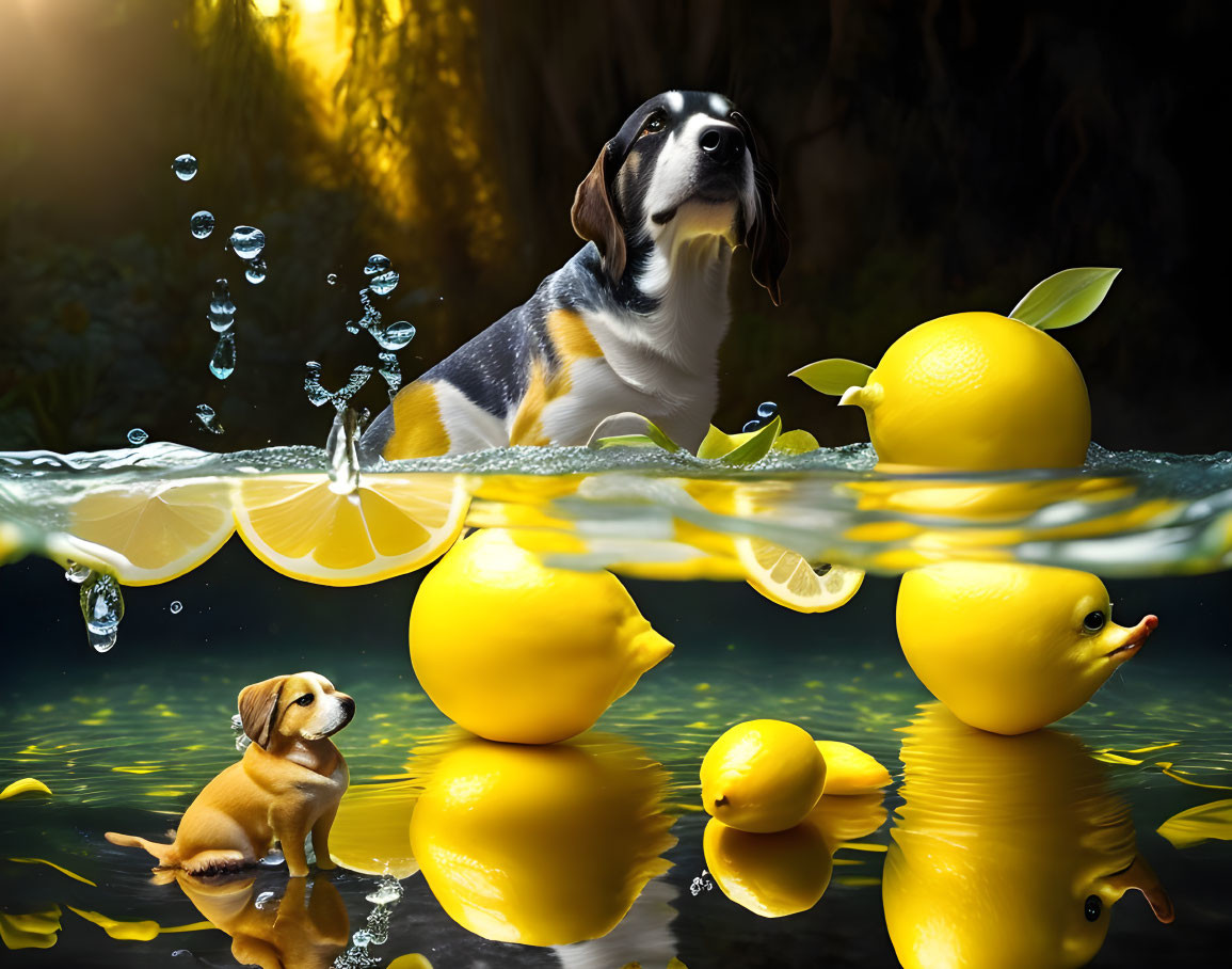 Surreal photomontage featuring dogs, lemons, and water splashes in golden-l