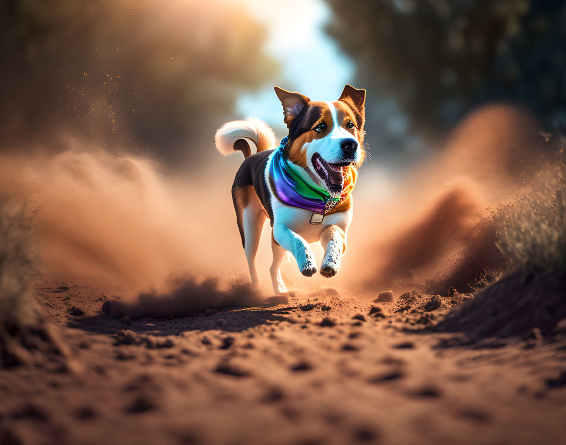 Energetic dog with bandana running on dusty trail under sunlight