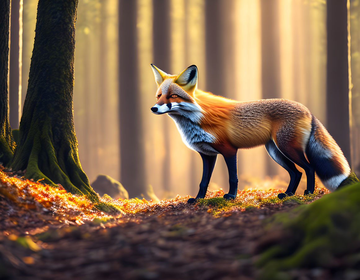 Red fox in autumn forest with sunbeams filtering through trees