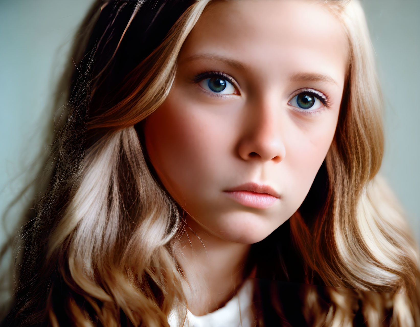 Portrait of young girl with wavy blonde hair and blue eyes