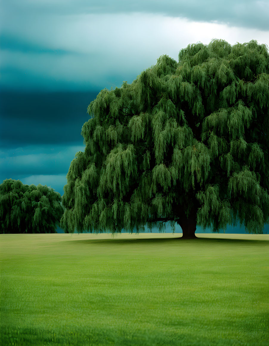 Majestic willow tree on lush green field under moody blue sky