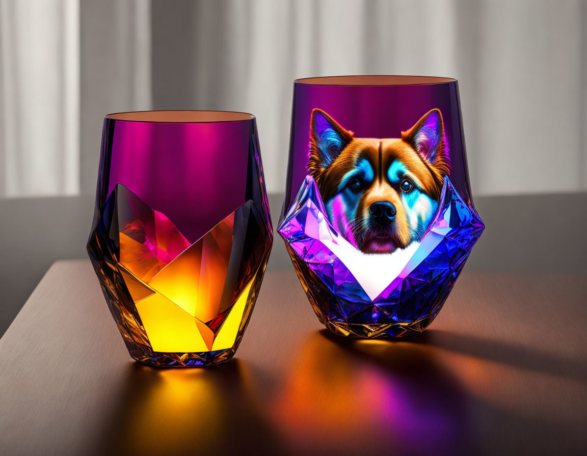 Colorful geometric design and dog face projection on vibrant faceted glasses