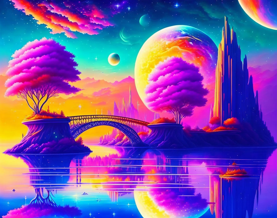 Colorful Fantasy Landscape with Pink Trees, Reflective Water, Bridge, and Celestial Bodies