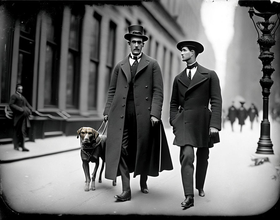 Vintage Attired Men with Dog on City Street Scene