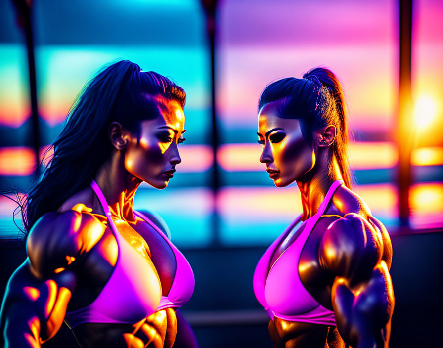 Muscular women in dramatic lighting at sunset.