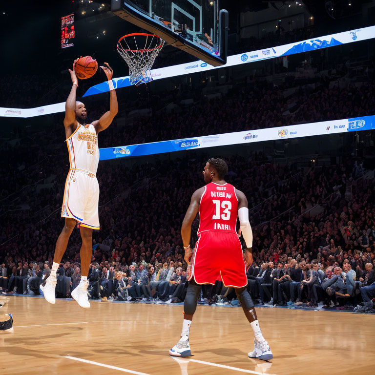 Basketball players in white and gold and red and black uniforms in action with spectators in arena stands