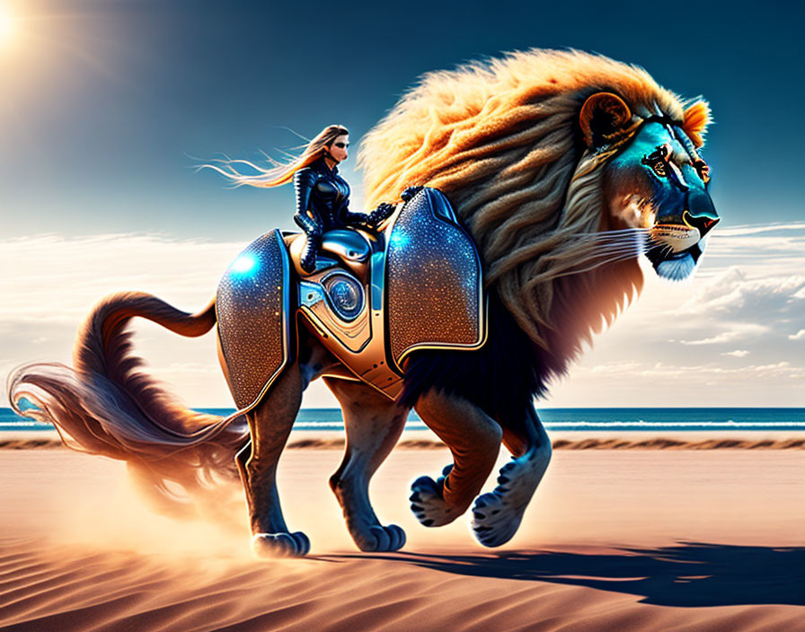 Woman riding armored lion on beach under blue sky