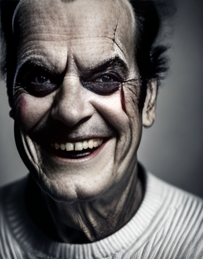 Person with Joker-inspired heavy makeup and wide smile.