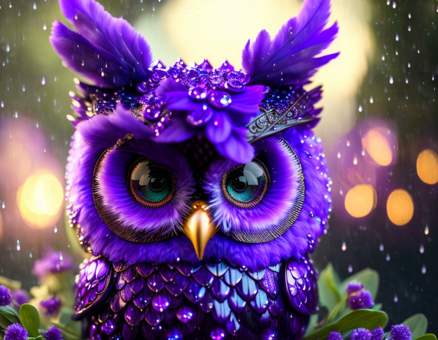 Illustrated purple owl with green eyes and tiara on soft-focus background