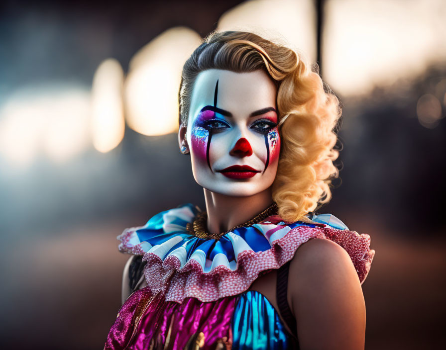 Colorful Clown Makeup and Costume with Dramatic Red and Black Eye Design