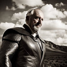 Futuristic armor-clad person in dramatic landscape portrait