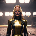 Confident Woman in Yellow and Black Superhero Costume in Desolate Setting