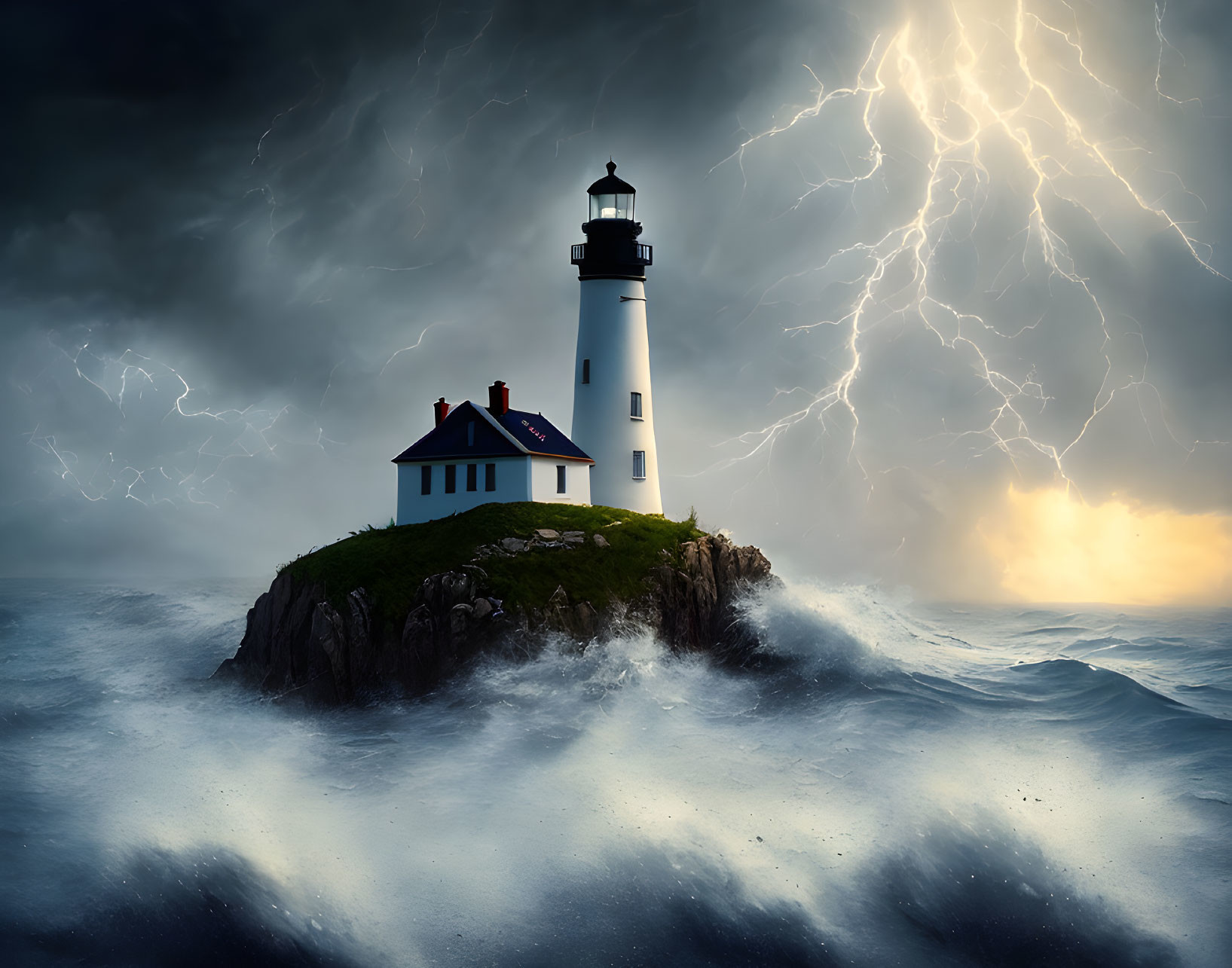 Stormy seas: Lighthouse on rocky island with lightning