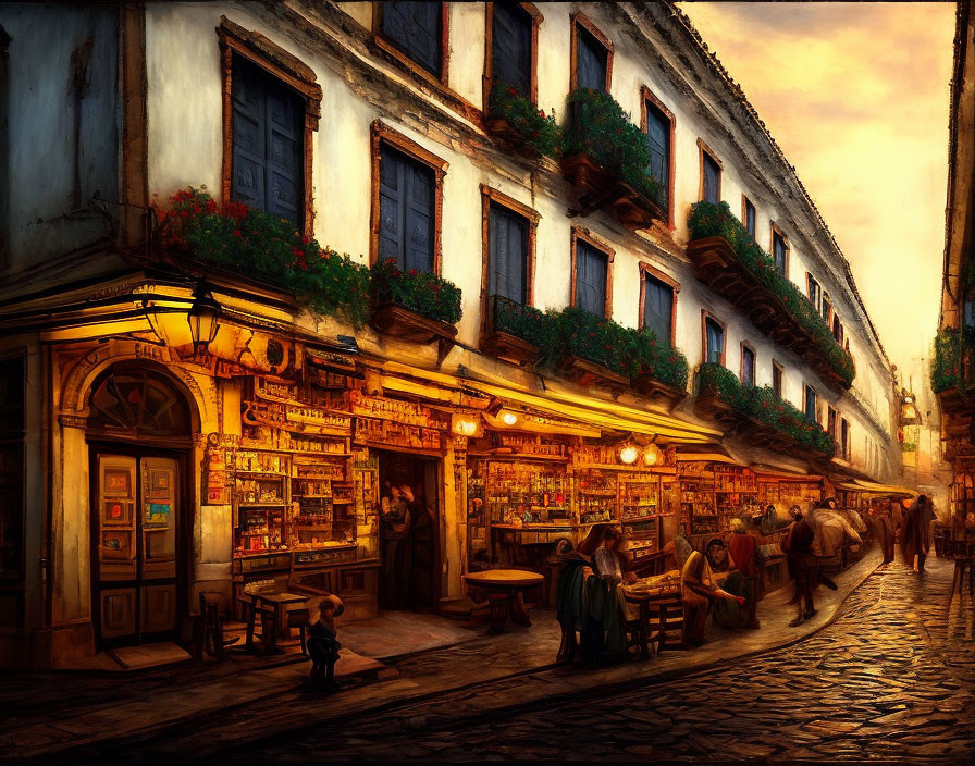 Warmly Lit Bookstore in Historic Street Scene at Dusk