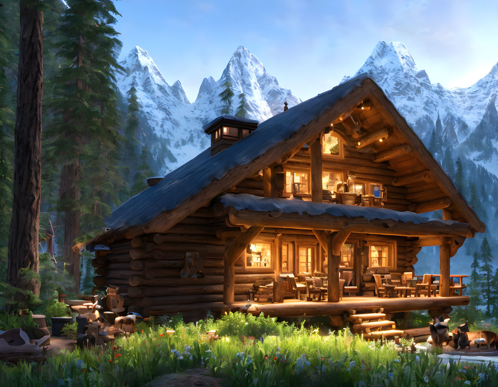 Rustic wooden cabin in lush forest with snow-capped mountains