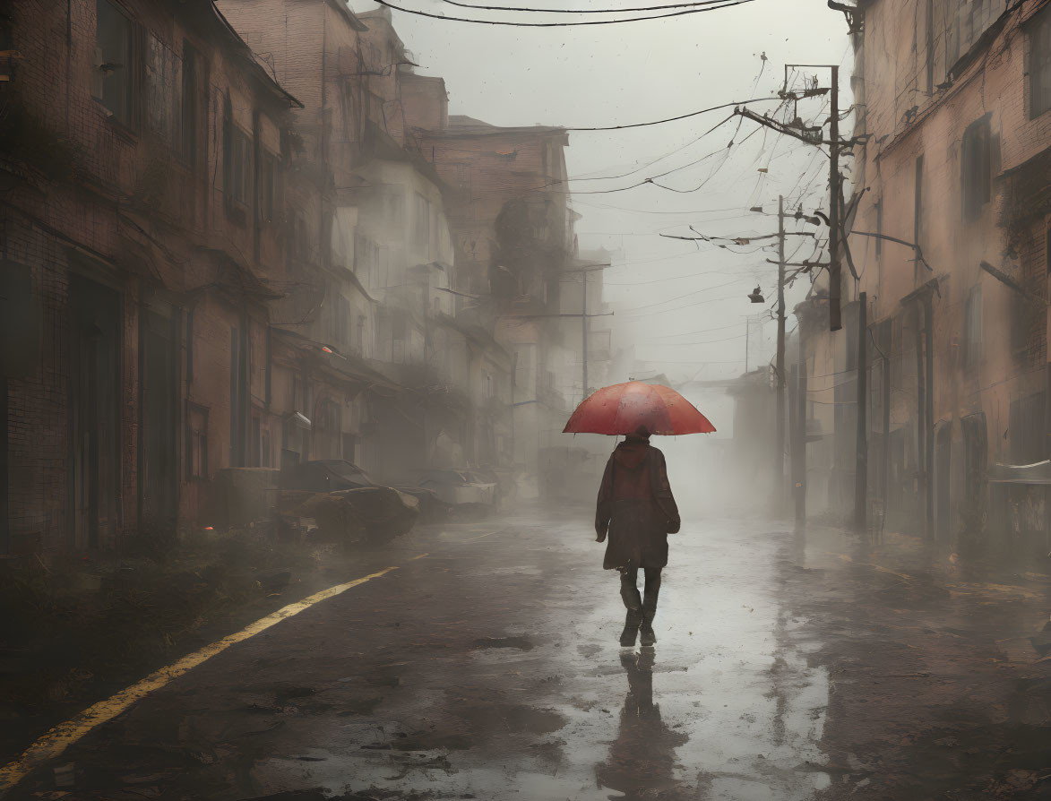 Solitary figure with red umbrella on misty street among dilapidated buildings