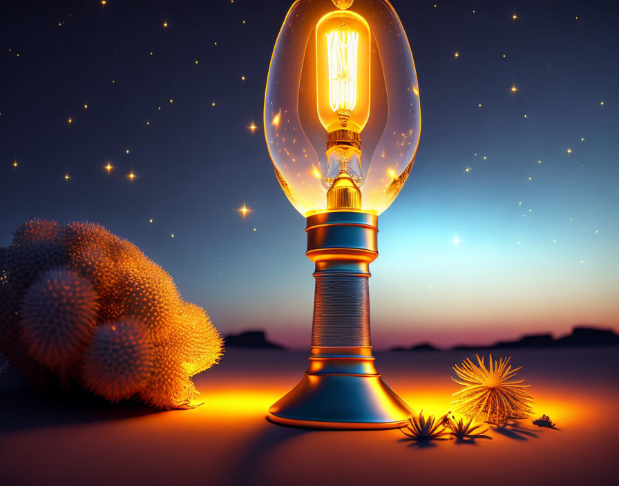 Twilight desert scene with glowing light bulb, stars, and cacti