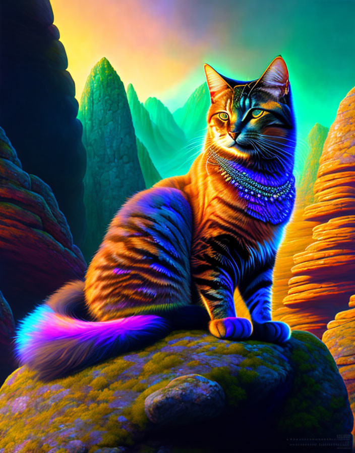 Colorful digital artwork: Majestic cat with beaded necklace in neon-lit landscape