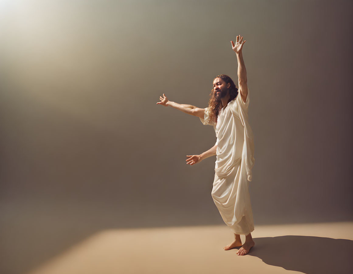 Long-haired figure in white robe with outstretched arms on warm light backdrop