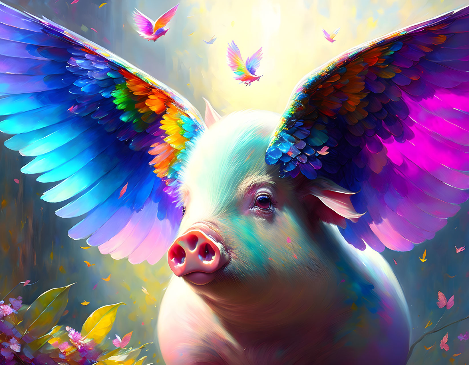 Colorful Winged Pig Surrounded by Floating Petals