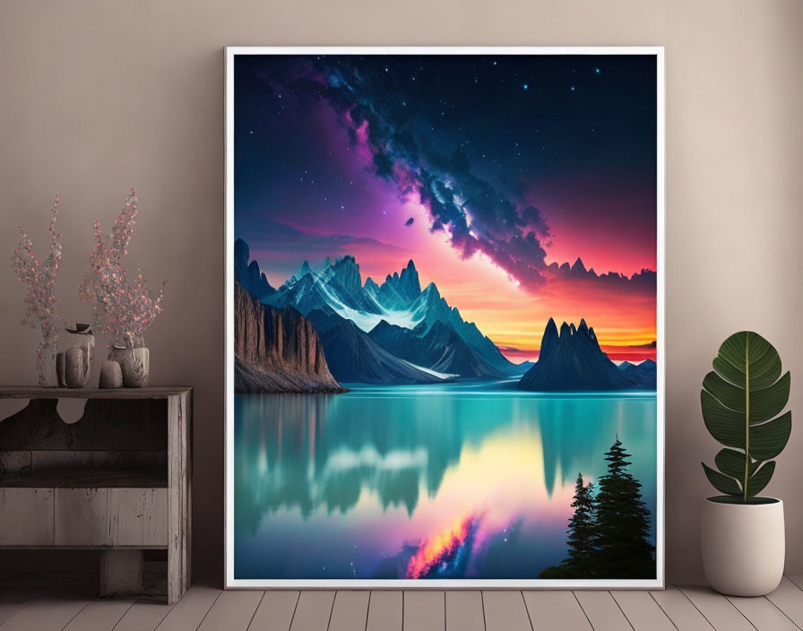 Surreal landscape with mountains, lake, starry sky, bench, vase, and plant