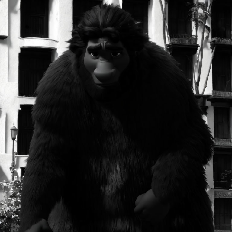 Monochrome image of concerned gorilla by building with balconies