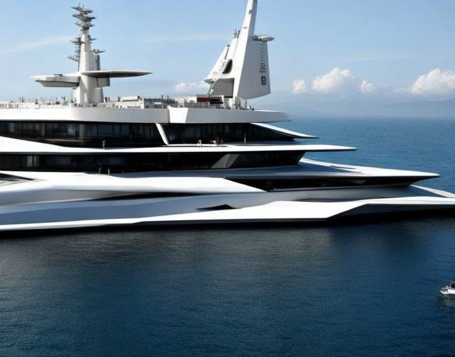 Sleek white superyacht with multiple decks sailing near the coast