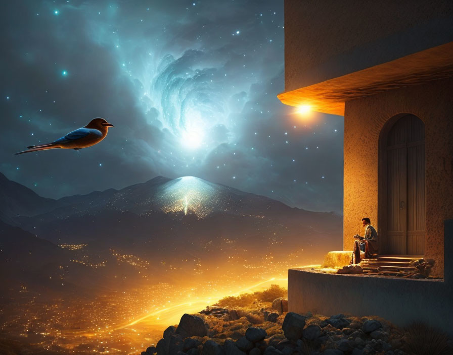 Person gazes at glowing cosmic swirl above mountain landscape at night.