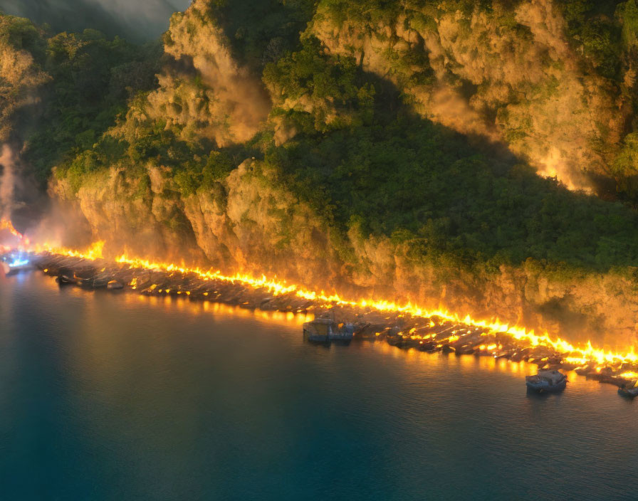 Twilight aerial view of winding coastal road with illuminated vehicles and lush cliffs