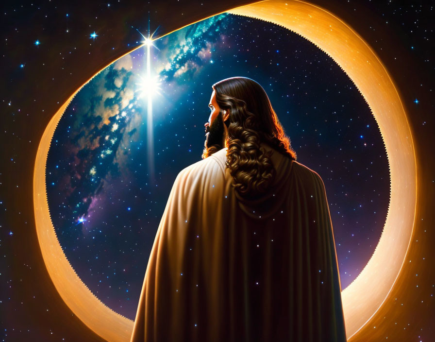 Man with Long Hair and Robe Contemplating Cosmic Scene