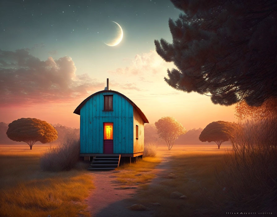 Blue Tiny House with Red Door in Serene Twilight Landscape