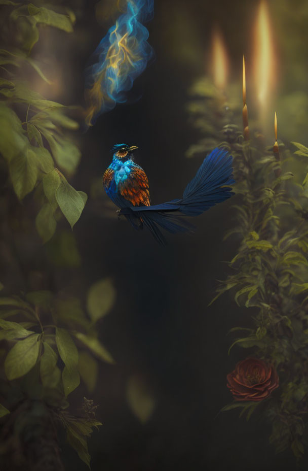 Colorful bird in mystical forest with floating candles