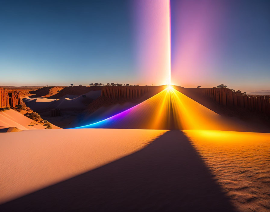 Desert landscape with sunrise and clear blue sky above dunes