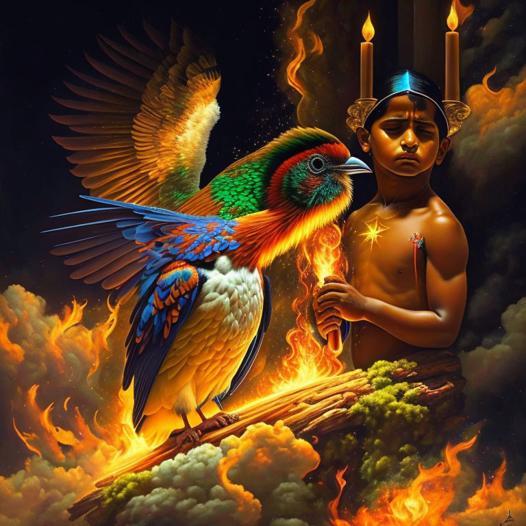 Boy in mystical attire holding flame beside vibrant bird on fiery perch