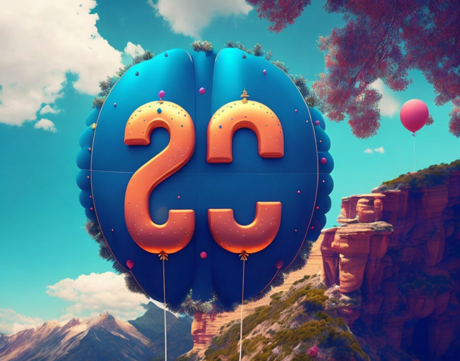 Large number-shaped balloons "2" and "3" in scenic landscape with cliffs, trees, and