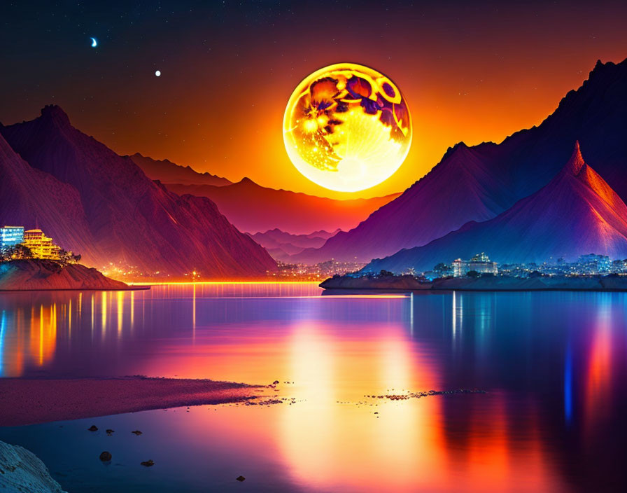 Colorful surreal moon landscape with lake, mountains, and starry sky