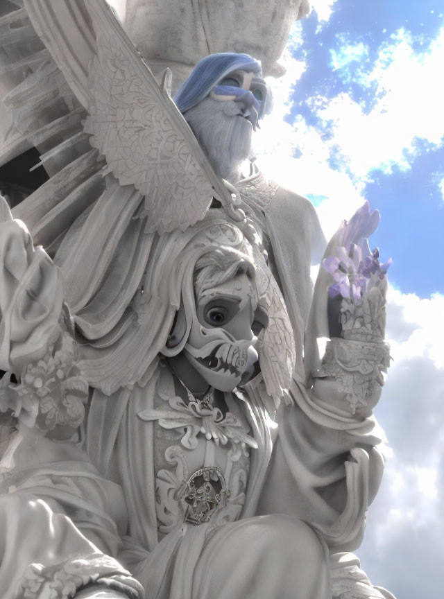 Intricately detailed statue of figure with beard and mustache holding crystal against cloudy sky