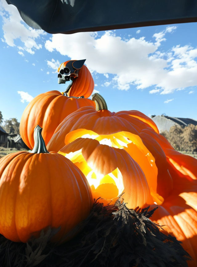 Carved Pumpkins Stack with Jack-o'-lantern and Skull Mask Figure