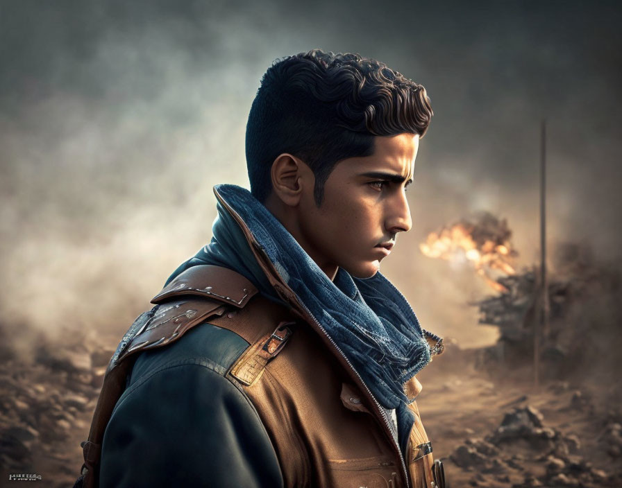 Young man with pompadour in leather jacket and scarf, fiery background portrait.