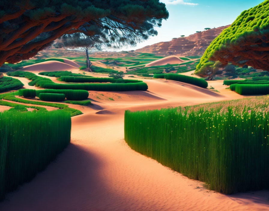 Desert landscape with sand dunes, green shrubs, and blue sky