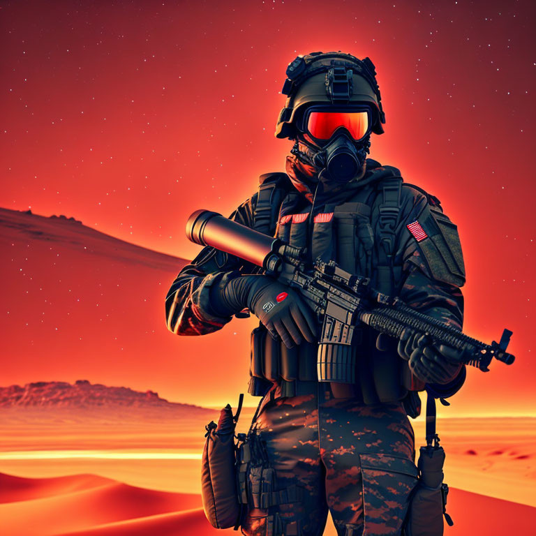 Futuristic soldier in tactical gear with rifle and rocket launcher on red Martian landscape