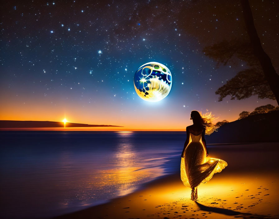 Woman in flowing dress gazes at starry night beach scene