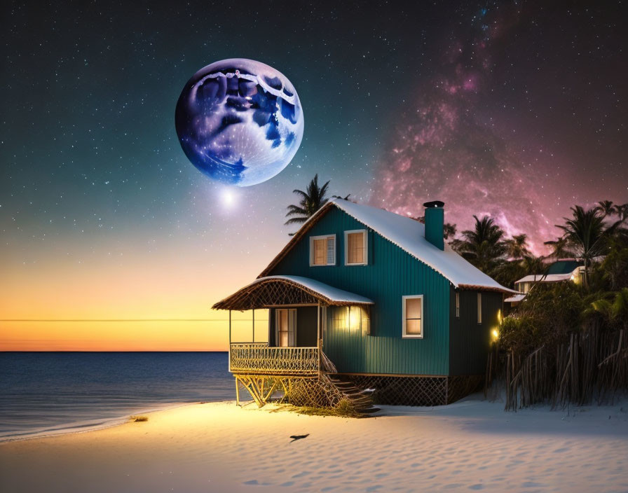 Beach house at twilight with detailed moon and starry sky