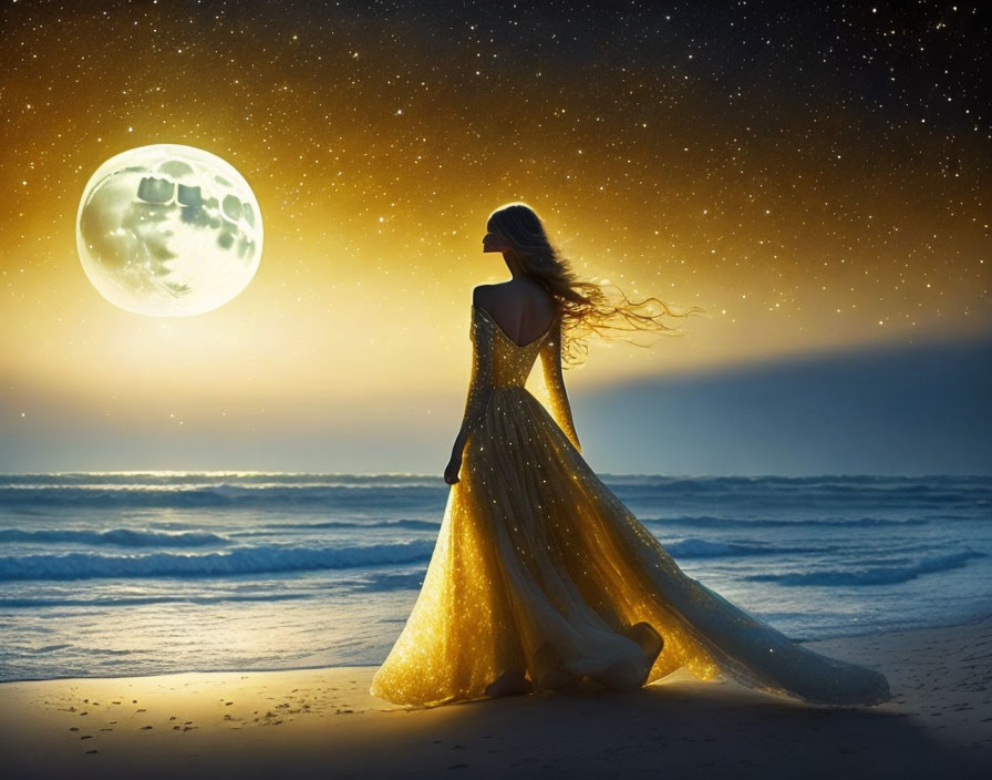 Woman in Gold Dress Contemplating Moonlit Sea