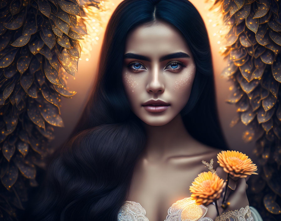 Dark-haired woman with striking eyes holding orange flowers in golden leaf frame