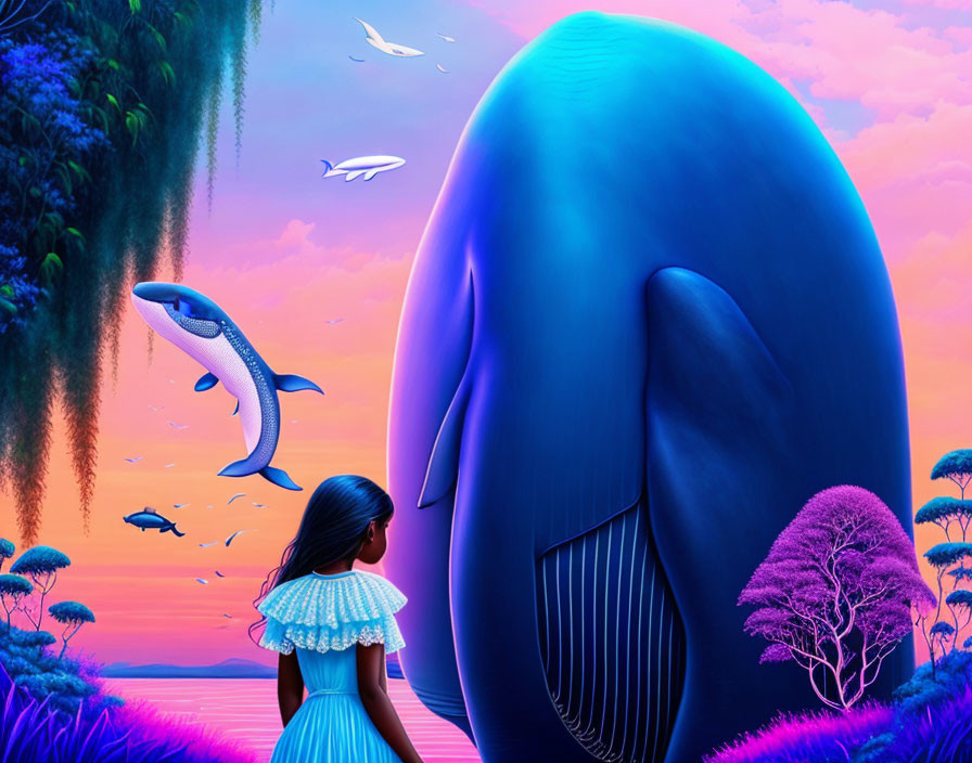 Girl in Blue Dress Stands with Giant Whale in Surreal Landscape