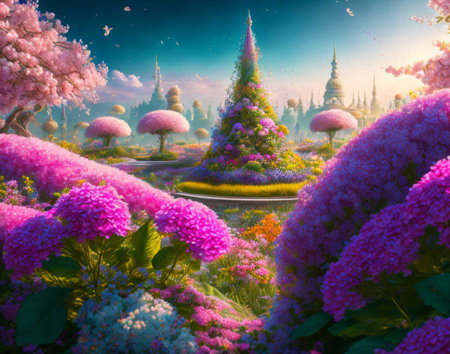 Colorful fantasy landscape with pink and purple flora and ornate buildings